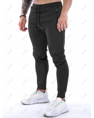 Zipper Pocket Sport Sweatpants Drawstring Elastic Waist Casual Jogger Pants