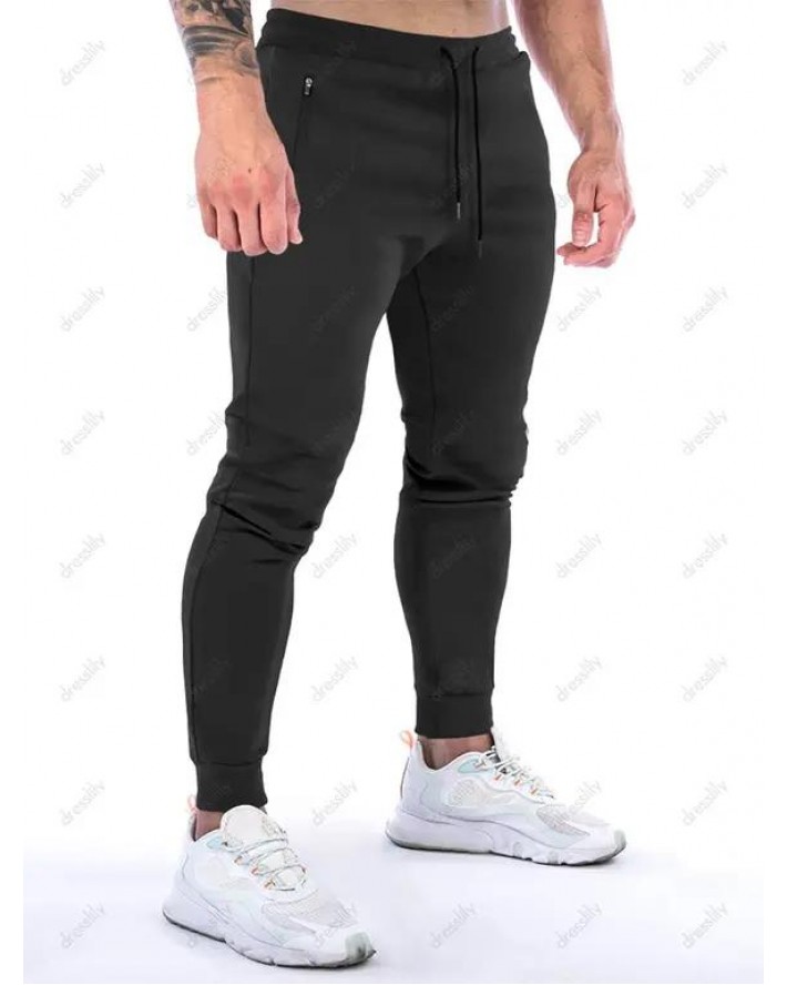 Zipper Pocket Sport Sweatpants Drawstring Elastic Waist Casual Jogger Pants