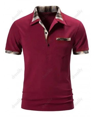 Vintage T Shirt Plaid Print Insert Front Pocket Half Button Short Sleeve Turn Down Collar Summer Casual Tee