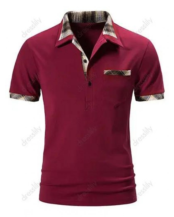Vintage T Shirt Plaid Print Insert Front Pocket Half Button Short Sleeve Turn Down Collar Summer Casual Tee