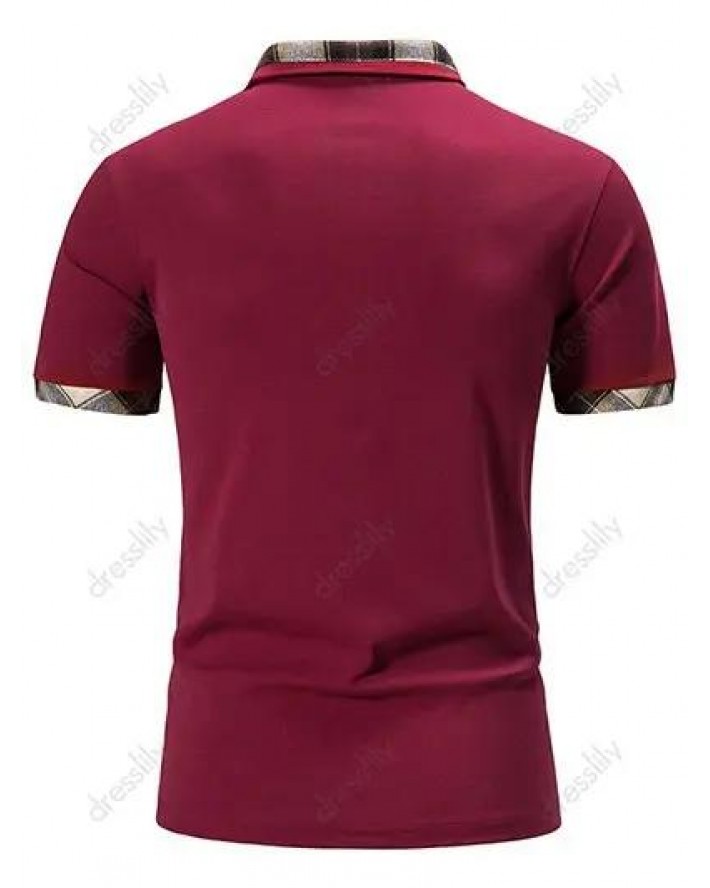 Vintage T Shirt Plaid Print Insert Front Pocket Half Button Short Sleeve Turn Down Collar Summer Casual Tee