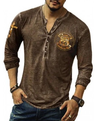 Vintage T Shirt Badge Cross Print Half Button Long Sleeve Round Neck Casual Tee