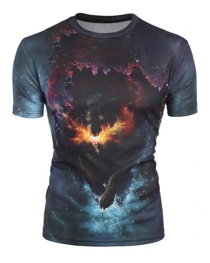 Galaxy 3D Wolf Print Perforated T-shirt