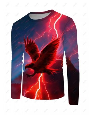 Lightning Eagle Print T-shirt Round Neck Casual Long Sleeve Tee
