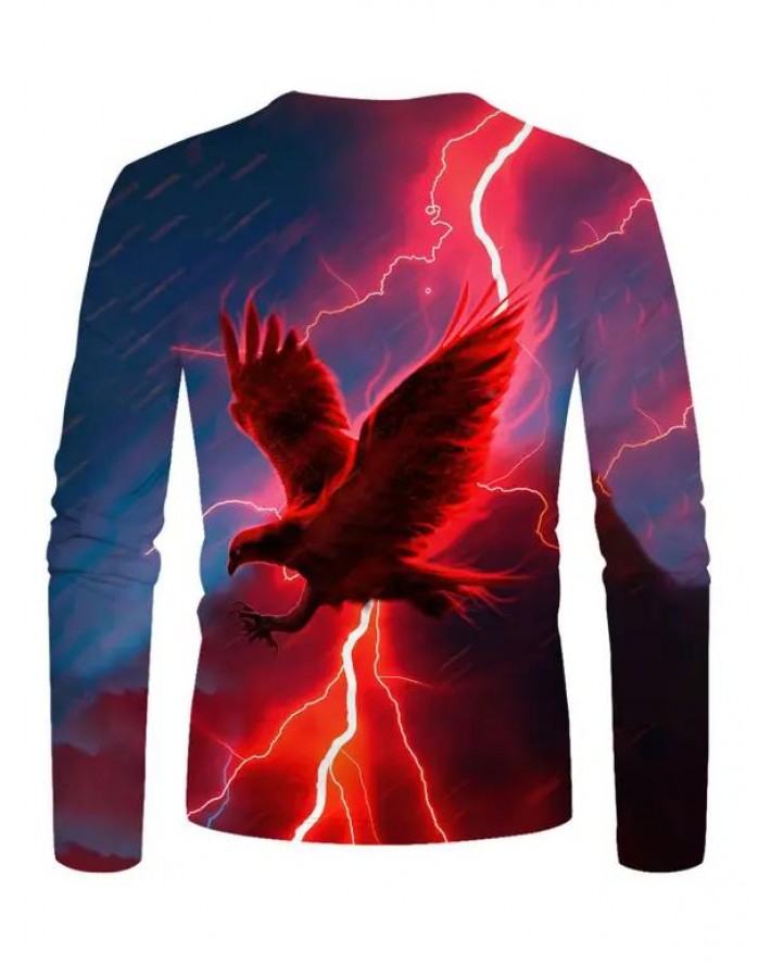 Lightning Eagle Print T-shirt Round Neck Casual Long Sleeve Tee