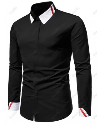 Contrast Colorblock Striped Shirt Long Sleeve Hidden Button Casual Business Shirt