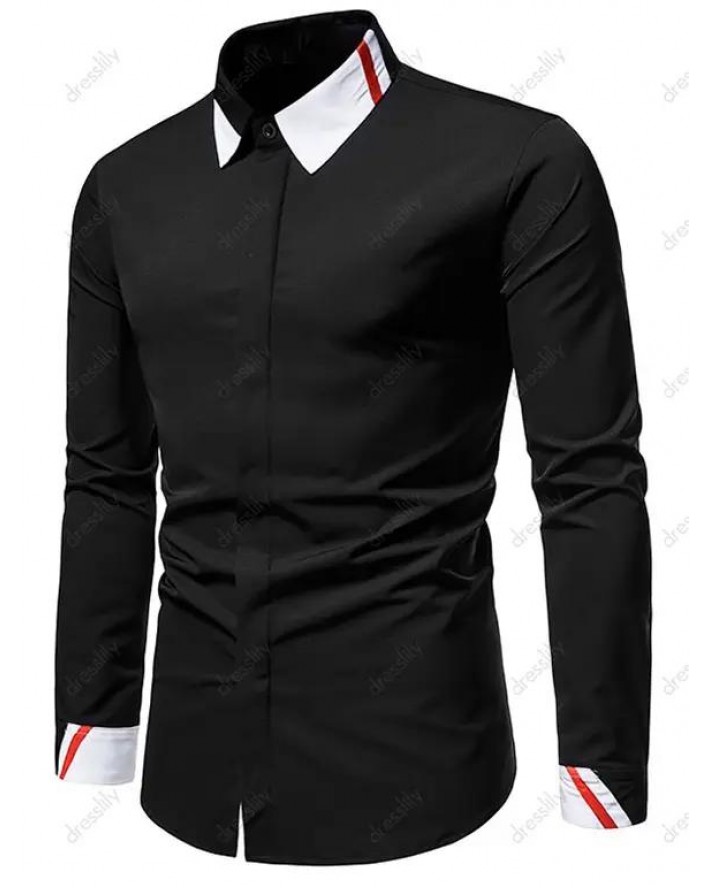 Contrast Colorblock Striped Shirt Long Sleeve Hidden Button Casual Business Shirt