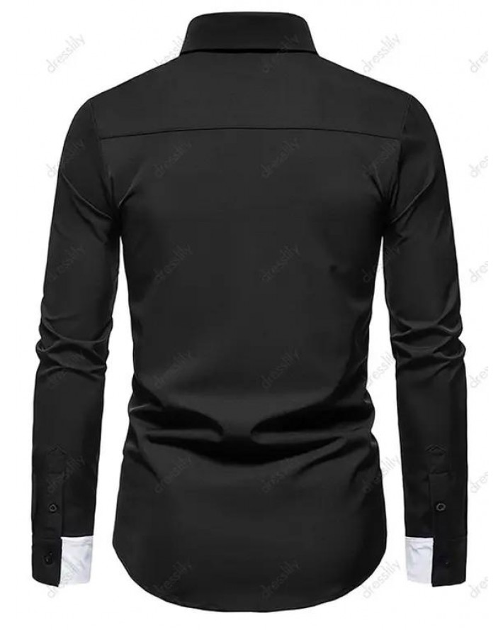 Contrast Colorblock Striped Shirt Long Sleeve Hidden Button Casual Business Shirt