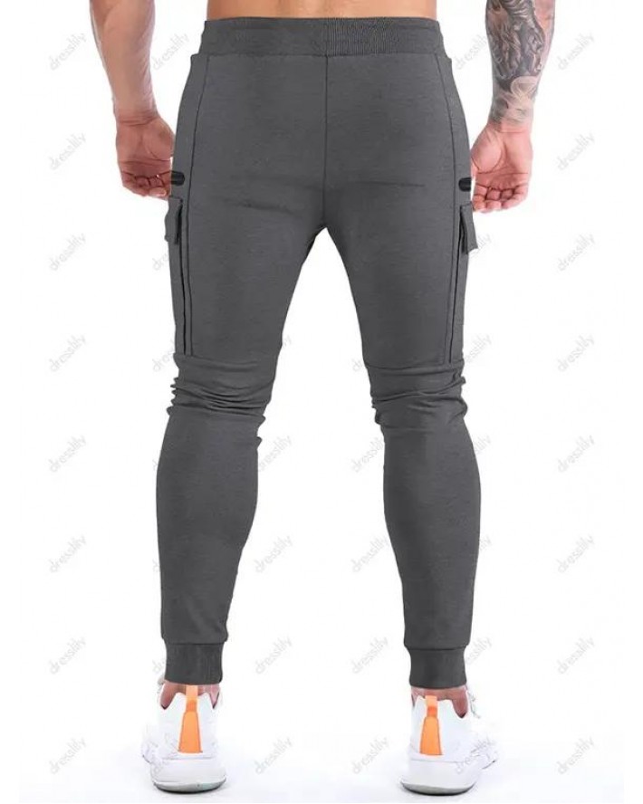 Zipper Flap Pockets Cargo Sweatpants Drawstring Elastic Waist Casual Sports Jogger Pants