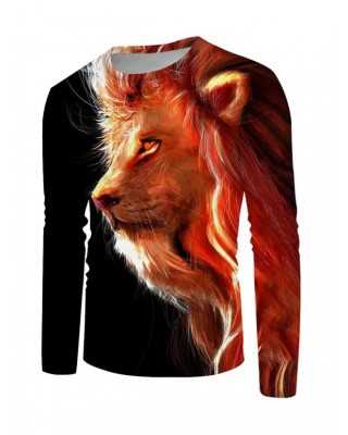 Lion Animal Print T-shirt Long Sleeve Casual Round Neck Tee