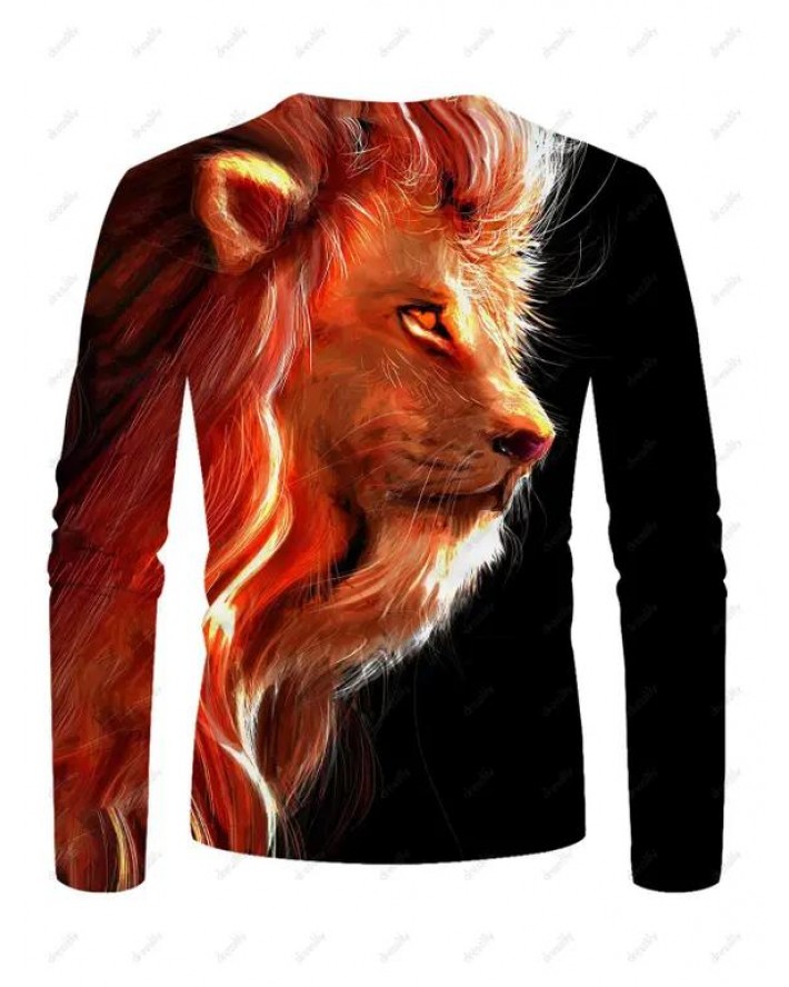 Lion Animal Print T-shirt Long Sleeve Casual Round Neck Tee