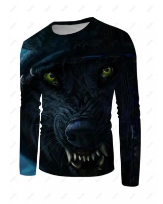 Animal Print T Shirt Round Neck Long Sleeve Casual Tee