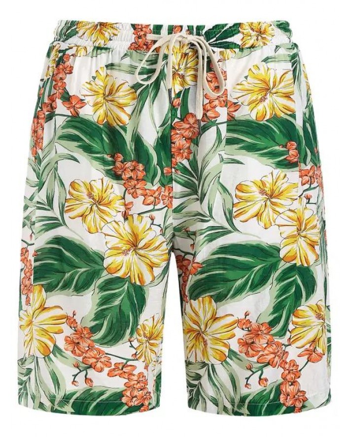 Tropical Floral Leaves Print Vacation Board Shorts