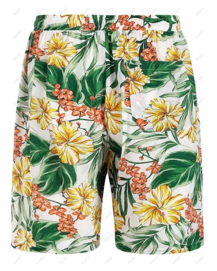 Tropical Floral Leaves Print Vacation Board Shorts