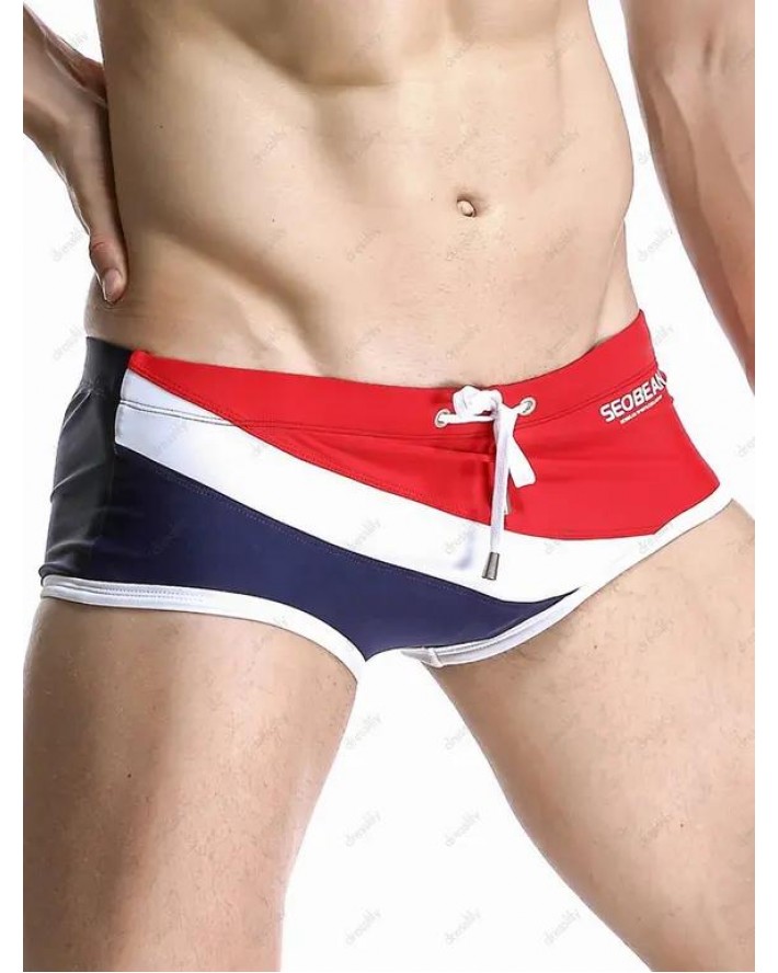 Beach Contrast Colorblock Sporty Swimming Trunks Drawstrings Short Swimming Bottom