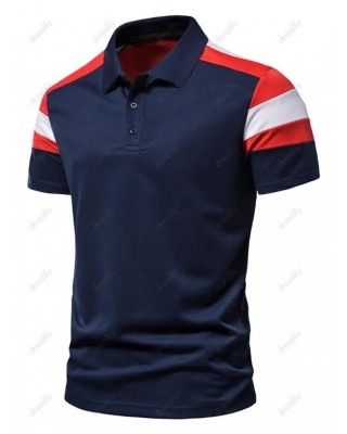 Contrast Colorblock Short Sleeve T-shirt Turndown Collar A Quarter Button Sport Tee