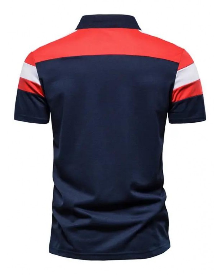 Contrast Colorblock Short Sleeve T-shirt Turndown Collar A Quarter Button Sport Tee