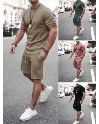 Plain Color Short Sleeve T Shirt And Drawstring Waist Shorts Sport Two Piece Set