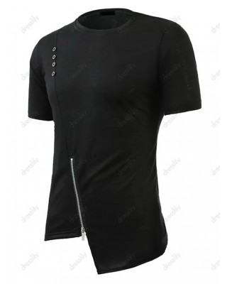 Asymmetric Short Sleeve T-shirt Solid Color Mock Button Zipper Casual Tee