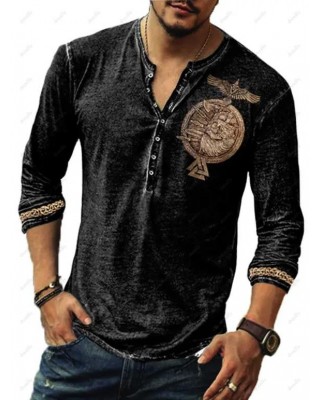 Casual T Shirt Badge Eagle Print Long Sleeve Half Button Round Neck Trendy Spring Tee