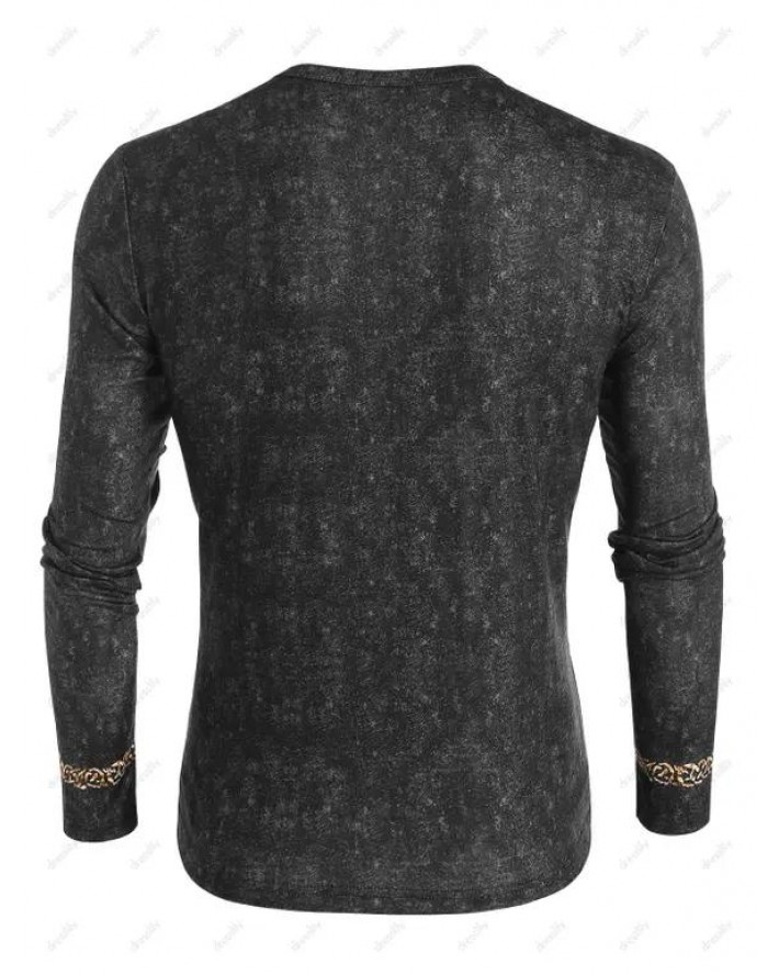 Casual T Shirt Badge Eagle Print Long Sleeve Half Button Round Neck Trendy Spring Tee