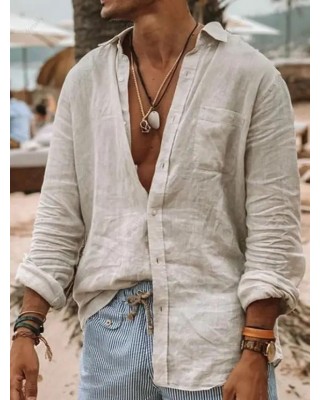 Solid Color Shirt Casual Shirt Turn Down Collar Long Sleeve Button-up Shirt