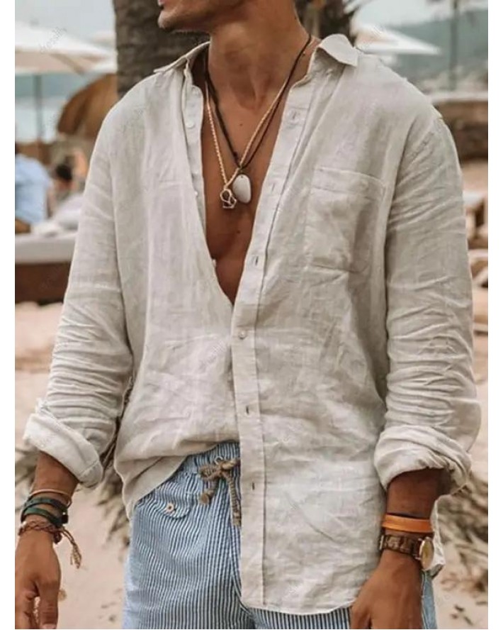 Solid Color Shirt Casual Shirt Turn Down Collar Long Sleeve Button-up Shirt