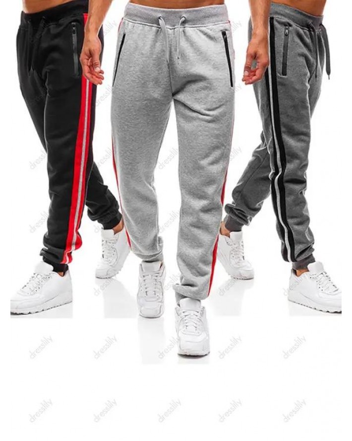 Patchwork Jogger Pants Drawstring Waist Zipper Pockets Beam Feet Sports Pants