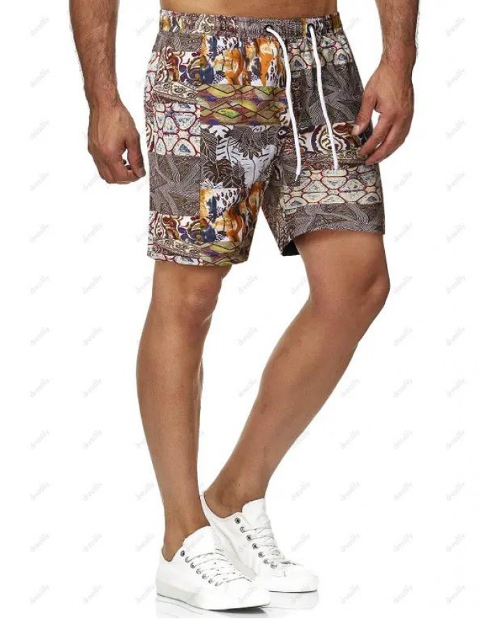 Tribal Plant Graphic Print Beach Shorts