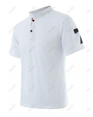 Contrasting Letter Print Short Sleeve T-shirt A Quarter Button Casual Tee