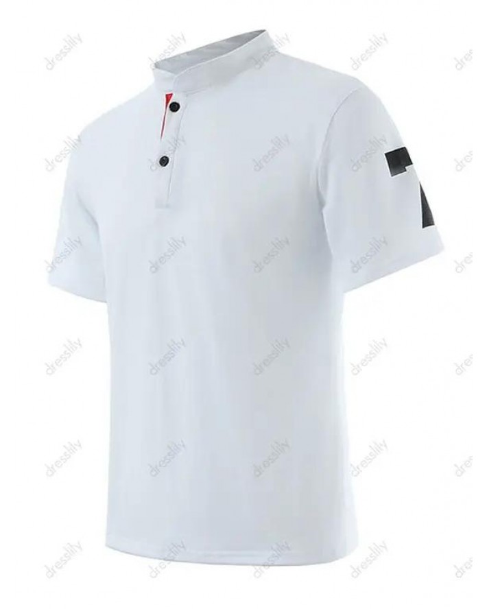 Contrasting Letter Print Short Sleeve T-shirt A Quarter Button Casual Tee