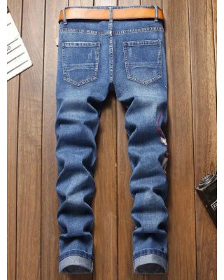 Monkey King Embroidery Patchwork Scratches Jeans
