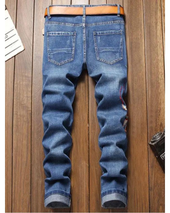 Monkey King Embroidery Patchwork Scratches Jeans