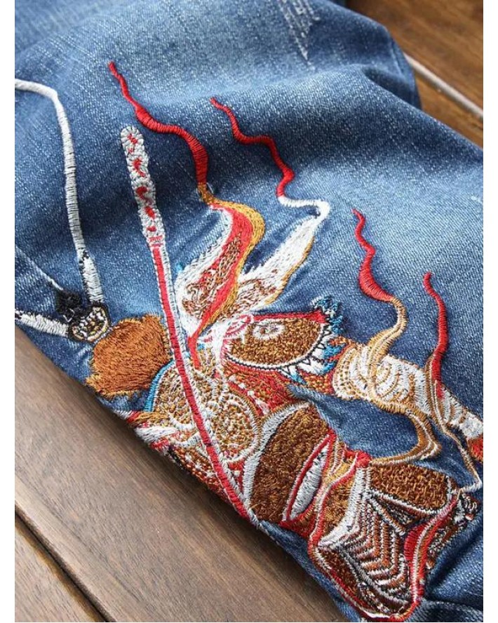 Monkey King Embroidery Patchwork Scratches Jeans