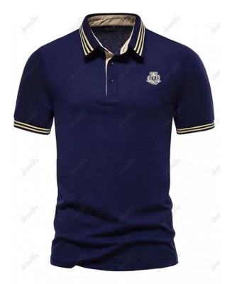 Striped Print T Shirt Letter Half Button Turn Down Collar Short Sleeve Summer Casual Tee