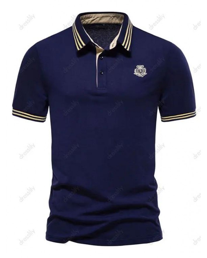 Striped Print T Shirt Letter Half Button Turn Down Collar Short Sleeve Summer Casual Tee