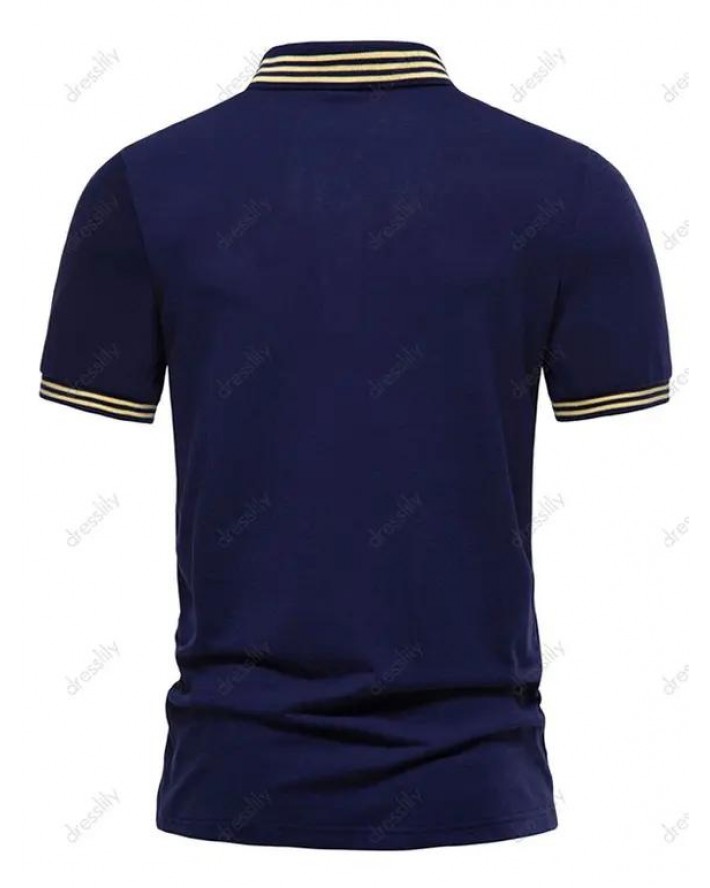 Striped Print T Shirt Letter Half Button Turn Down Collar Short Sleeve Summer Casual Tee
