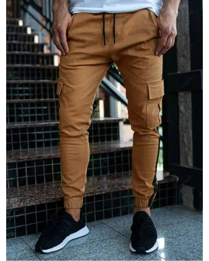 Jogger Pants Patchwork Pants Beam Feet Drawstring Flap Pocket Long Casual Cargo Pants