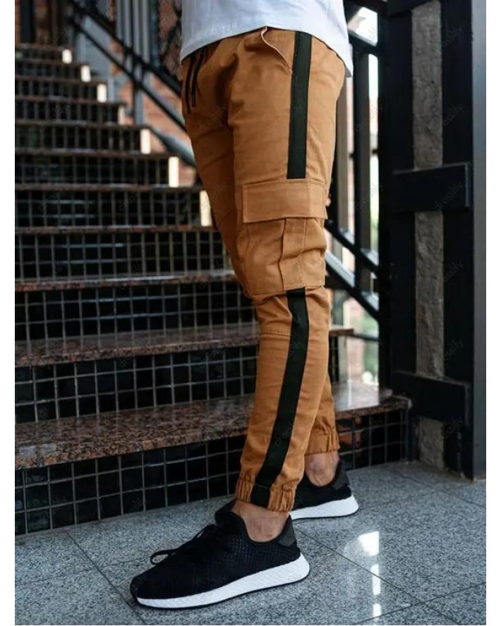 Jogger Pants Patchwork Pants Beam Feet Drawstring Flap Pocket Long Casual Cargo Pants
