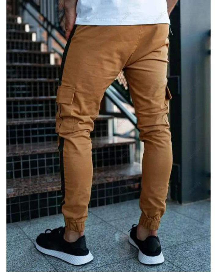 Jogger Pants Patchwork Pants Beam Feet Drawstring Flap Pocket Long Casual Cargo Pants