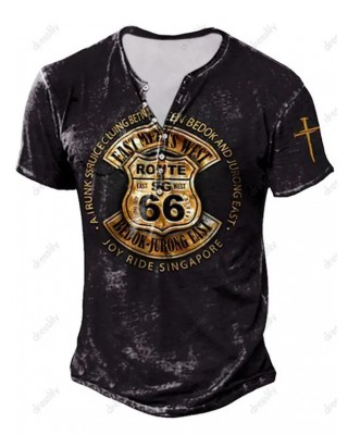 Vintage Slogan Badge Dark Wash Print Graphic T Shirt Half Button Short Sleeve Casual Tee