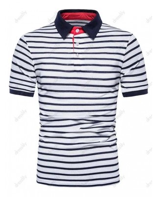 Turn Down Collar Striped Print T-shirt