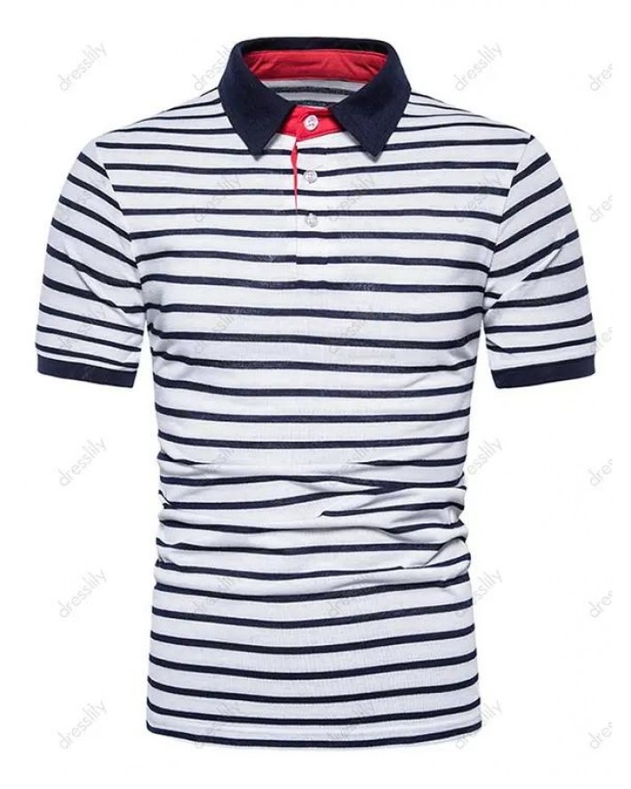 Turn Down Collar Striped Print T-shirt