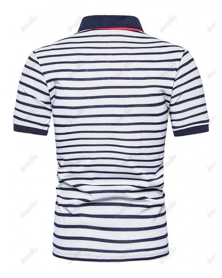 Turn Down Collar Striped Print T-shirt