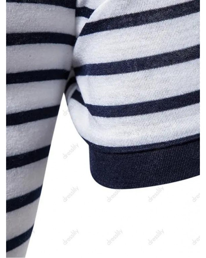Turn Down Collar Striped Print T-shirt