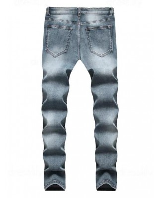 Distressed Ripped Jeans Pleated Patchwork Faded Wash Long Straight Casual Denim Pants