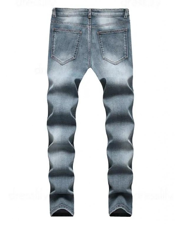 Distressed Ripped Jeans Pleated Patchwork Faded Wash Long Straight Casual Denim Pants