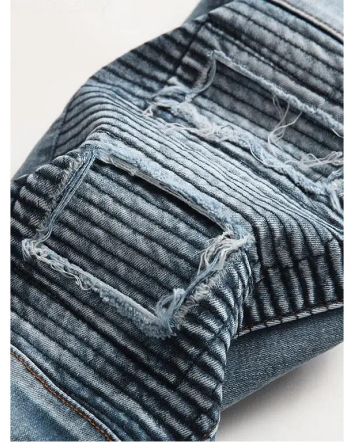 Distressed Ripped Jeans Pleated Patchwork Faded Wash Long Straight Casual Denim Pants