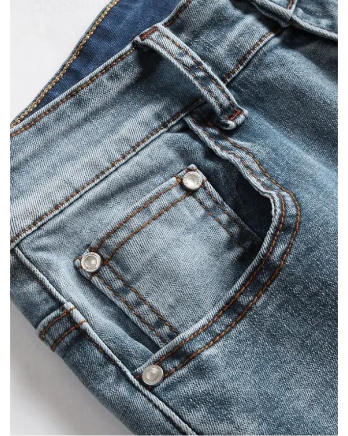 Distressed Ripped Jeans Pleated Patchwork Faded Wash Long Straight Casual Denim Pants