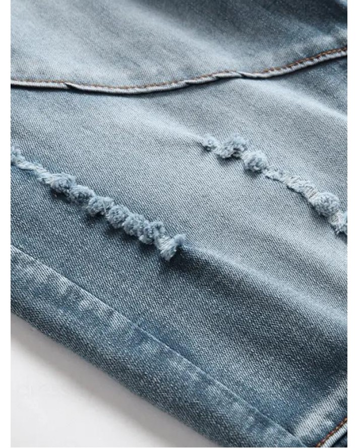 Distressed Ripped Jeans Pleated Patchwork Faded Wash Long Straight Casual Denim Pants